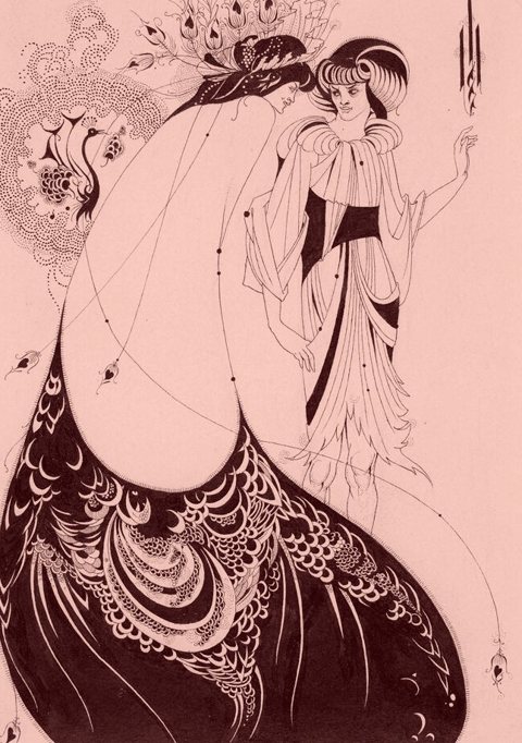 Aubrey Beardsley’s The Peacock Skirt: a woman in a sweeping peacock-feather skirt beside a young figure in pale robes