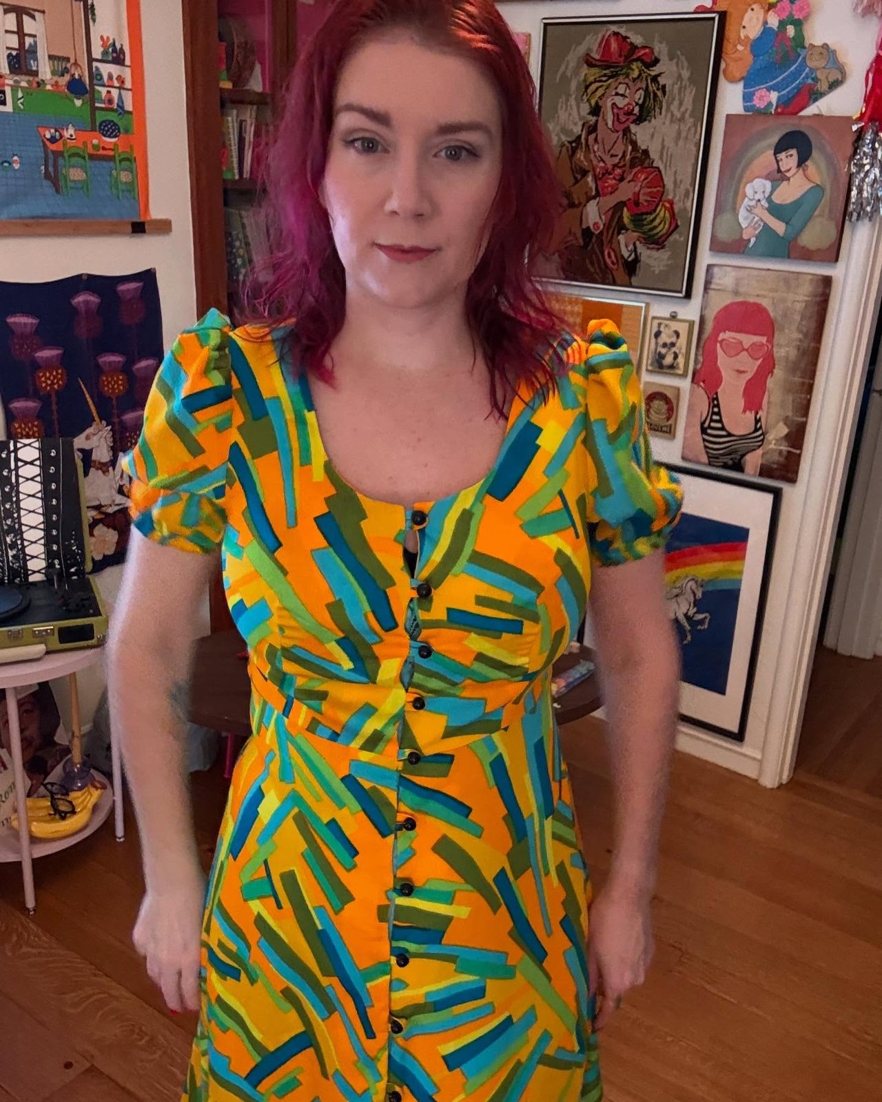 Back seam and print detail, worn