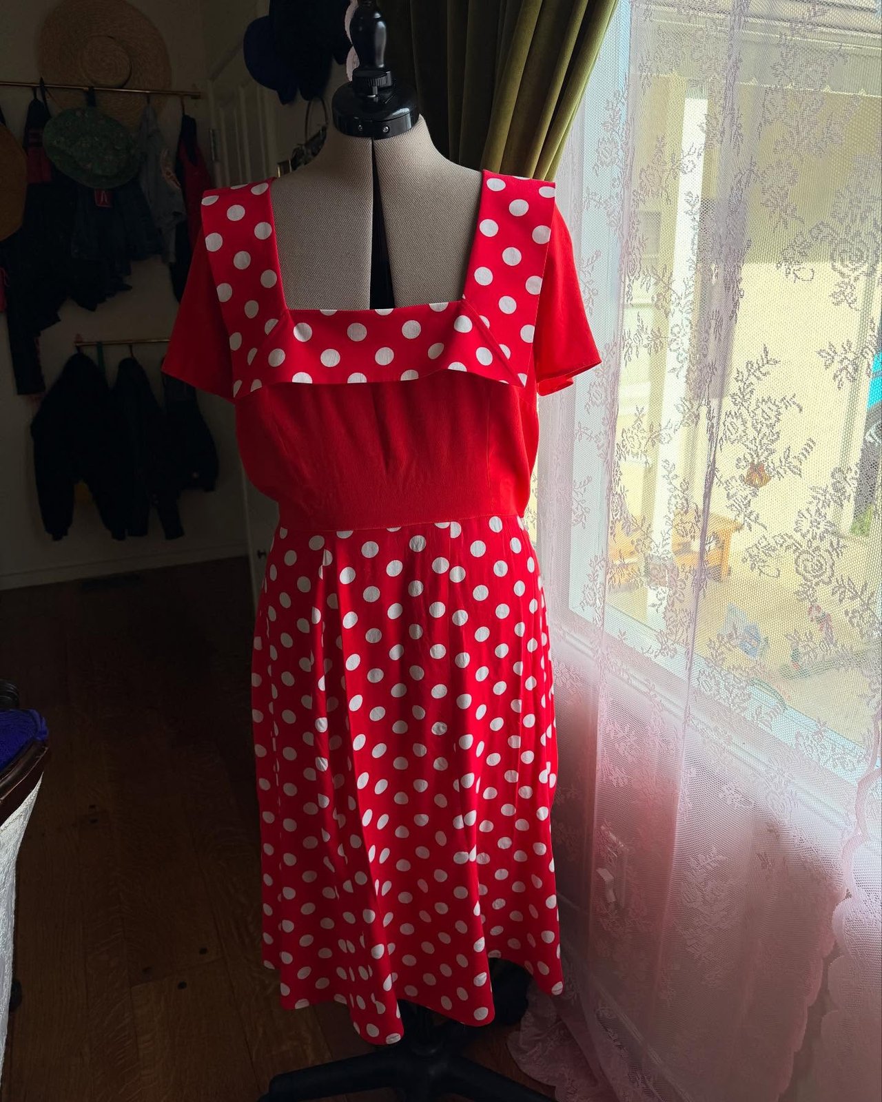 Back view on the dress form, alternate angle