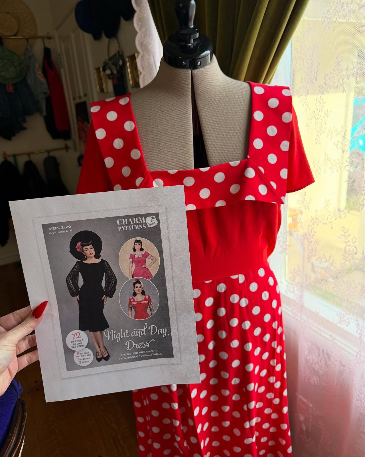 On the dress form with the Night and Day Dress pattern envelope